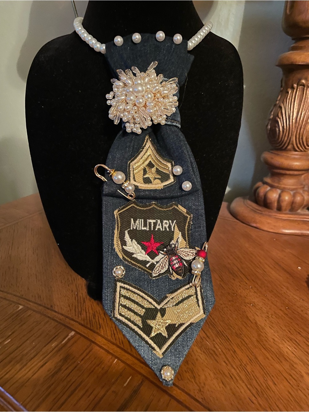 Handcrafted Military Patch Denim Necklace with Pearl Accents